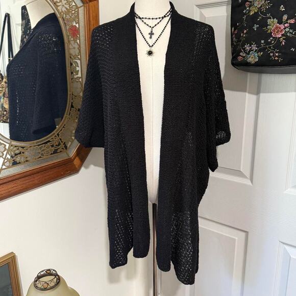 Chico's Black Open Knit Crochet Open Front Cascading Cardigan w Cropped Back - Picture 3 of 8